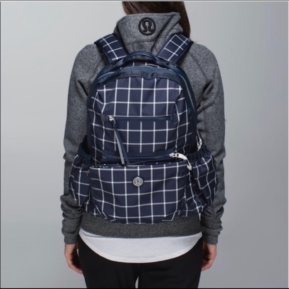 Lululemon navy and white checkered backpack